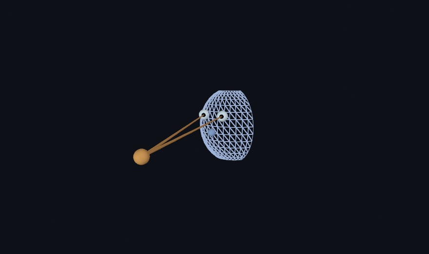 A staged wireframe face shell on a dark ground, a small nose marker under its two white eyeballs, each pupil turned toward a warm bead floating off to the side, with a thin beam running from each eye to the bead where the two converge