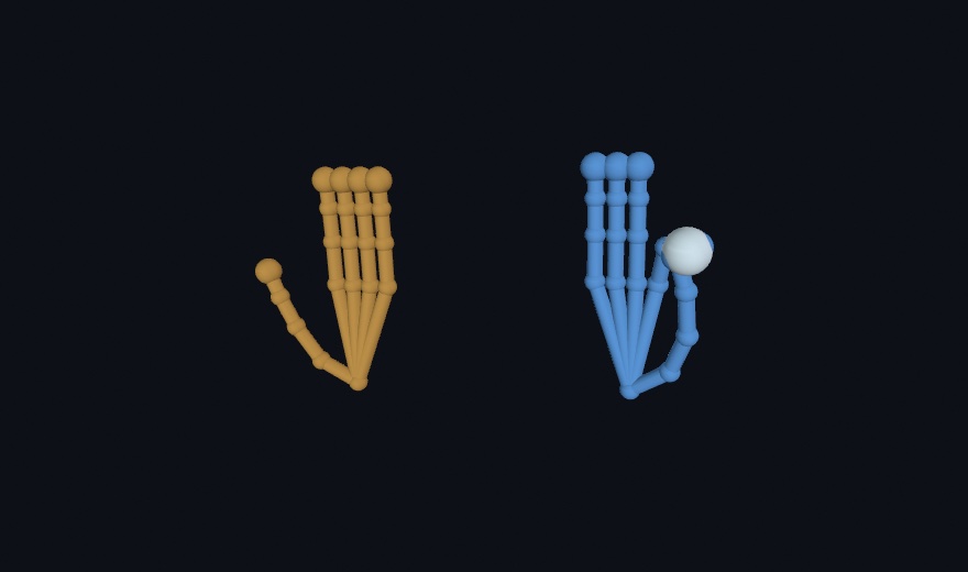 Two staged hands drawn as small solid skeletons on a dark ground: an open orange right hand with its thumb spread wide, and a blue left hand whose index finger curls to meet its thumb, a bright white bead sitting where the two fingertips pinch
