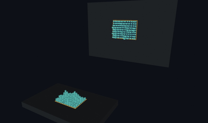 Two printed pictures on a dark ground, each carrying the same little city of teal columns inside an orange frame: one card lying face up on a table slab, one poster standing on the wall behind it