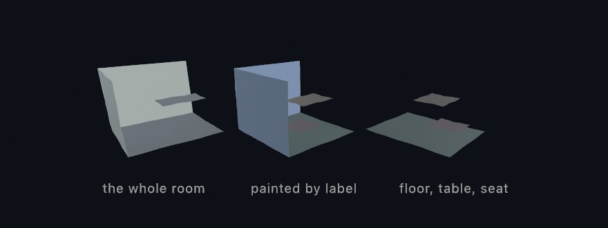 Three copies of a small staged room corner side by side: the whole room in one pale material, the same room painted green for floor, blue-gray for walls, tan for a table and pink for a seat, and the same room with the walls dropped so only the floor, table and seat slabs float in place