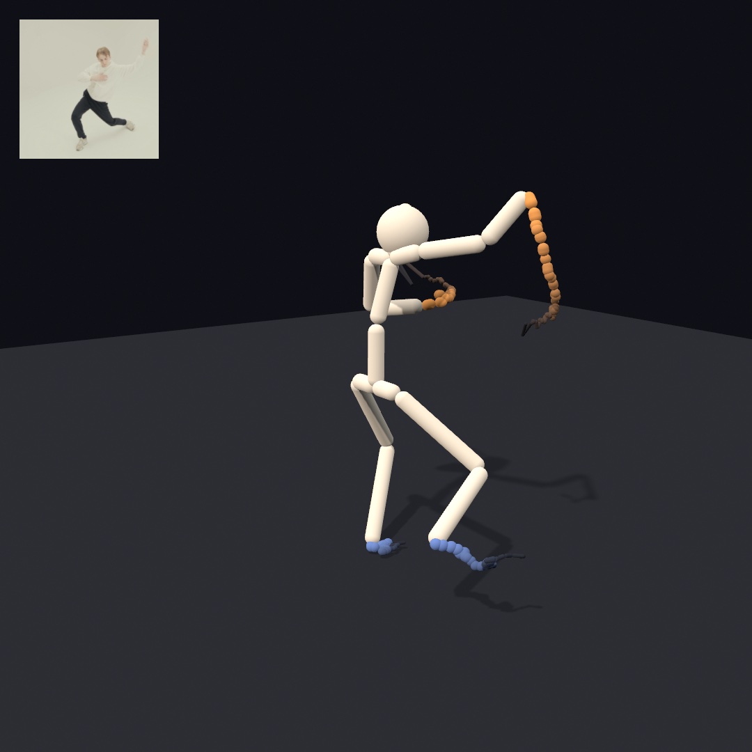 A figure built from pale capsules with a round head stands with its knees bent on a dark floor, one arm reaching up and out, seen from the side and a little above, its shadow falling across the floor. A trail of orange beads curls down from the raised hand and darkens toward its old end, a short one sits at the other hand, and blue trails lie at both feet. A small square in the top-left corner shows the film it was read from, a man in the same lunge on a pale ground
