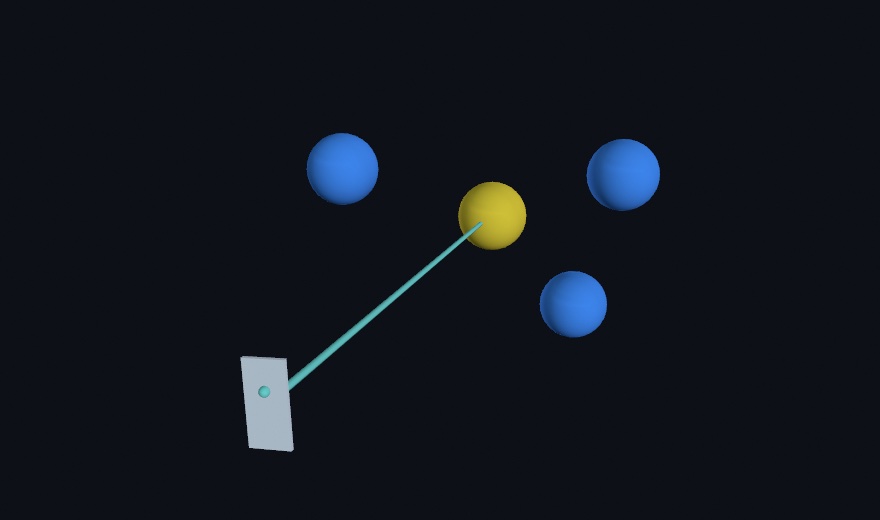 A pale phone slab at the lower left with a small dot on its screen, a teal beam leaving the back of it and stopping at a yellow ball, three blue balls around it untouched