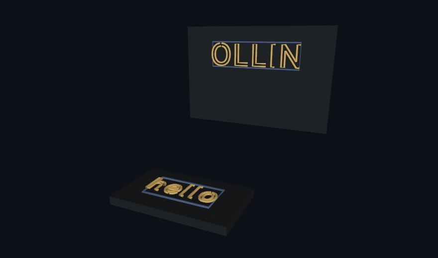 Two staged lines of wire-frame stroke type on a dark ground: the word OLLIN standing upright inside a framed panel on an implied wall, and the word hello lying flat inside its own panel on a small table slab, each panel outlined and facing its own way