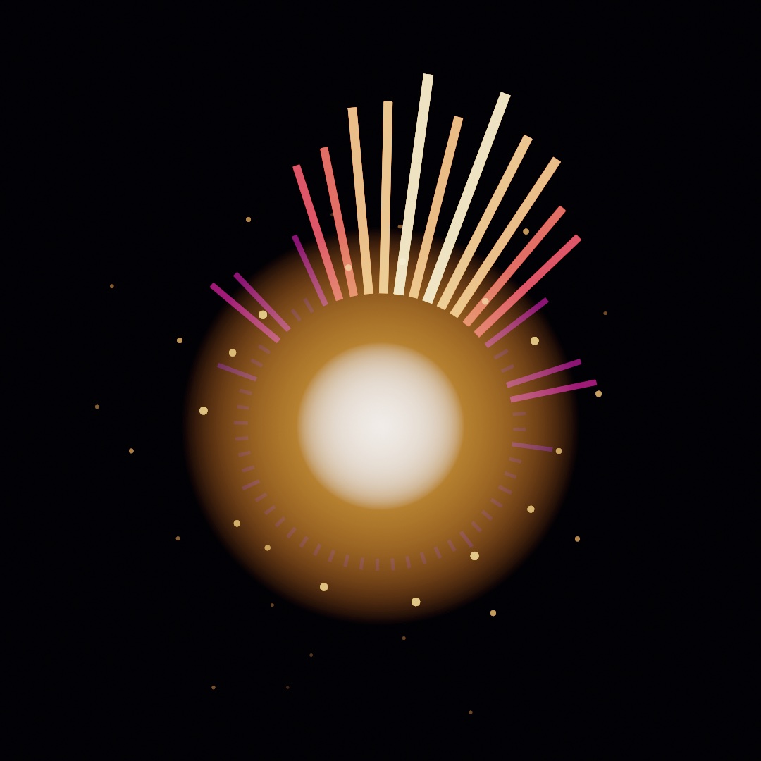 A white core inside an amber glow, crowned by spectrum spokes that are long and pale gold at the top, coral and magenta down the sides, and short faint ticks around the bottom, with small gold sparks scattered around it