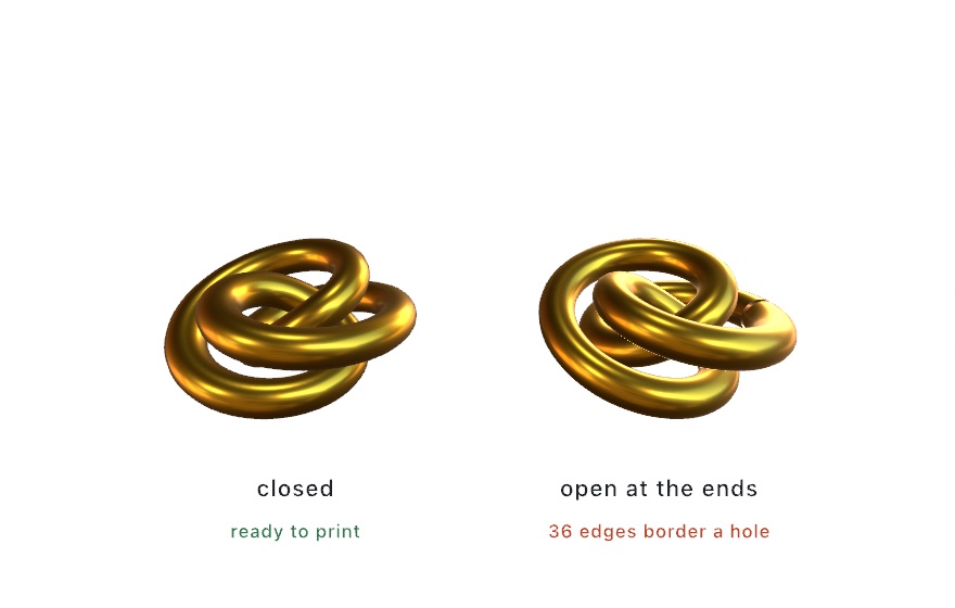 Two identical-looking gold torus knots side by side; the left is labeled closed and ready to print, the right open at the ends with 36 edges bordering a hole