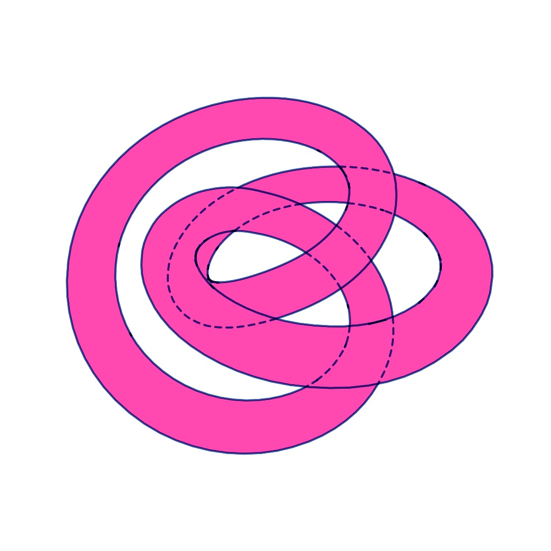 A flat pink knotted loop on white, outlined in thin dark blue lines. Where one strand passes under another, its hidden edges continue as dashed lines across the strand on top. The lines turn nearly black where they cross or overlap