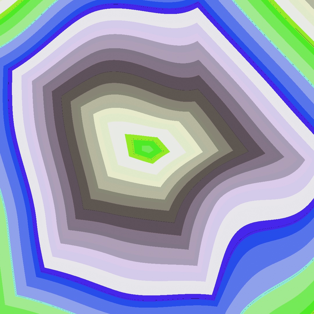 A bold posterized field of nested contour bands, electric blue and green at the edges through lilac and olive to a small lime core