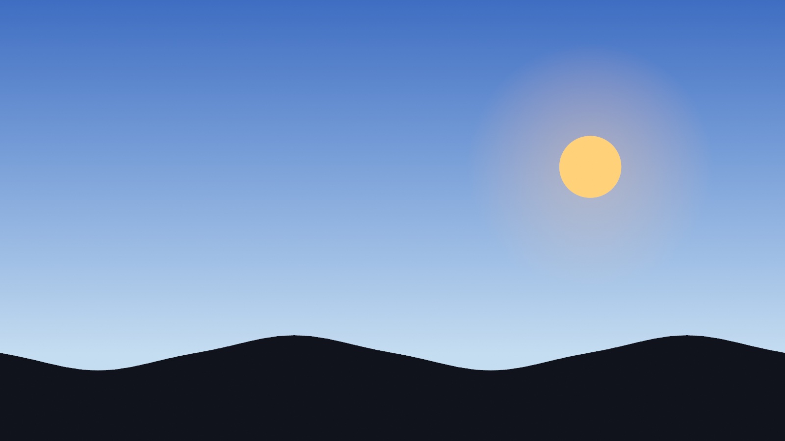 A wide sky clock: the sun on its arch across a sky whose colors follow the hour, over a black ridge of land