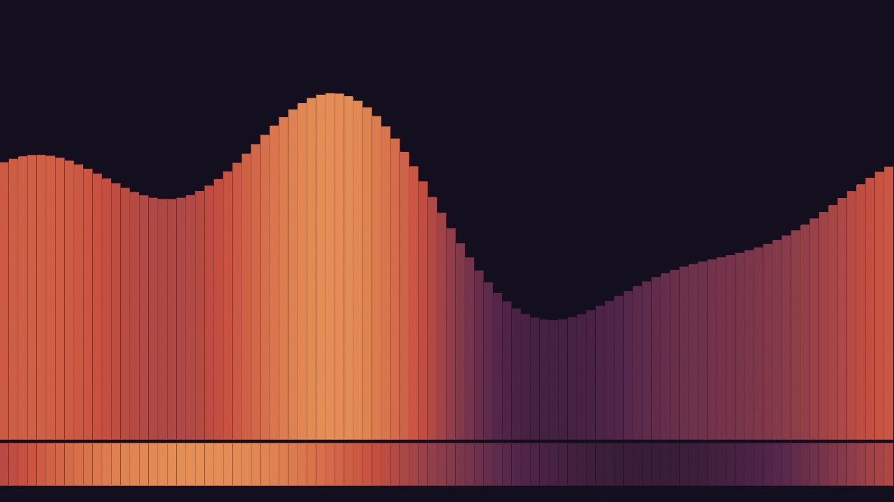 A wide dark screen carrying a slow field of vertical bars in dusk colors, orange at a peak left of center, deep plum in a dip right of center, and red-orange again at the right edge, with a separate band of the same colors running along the bottom